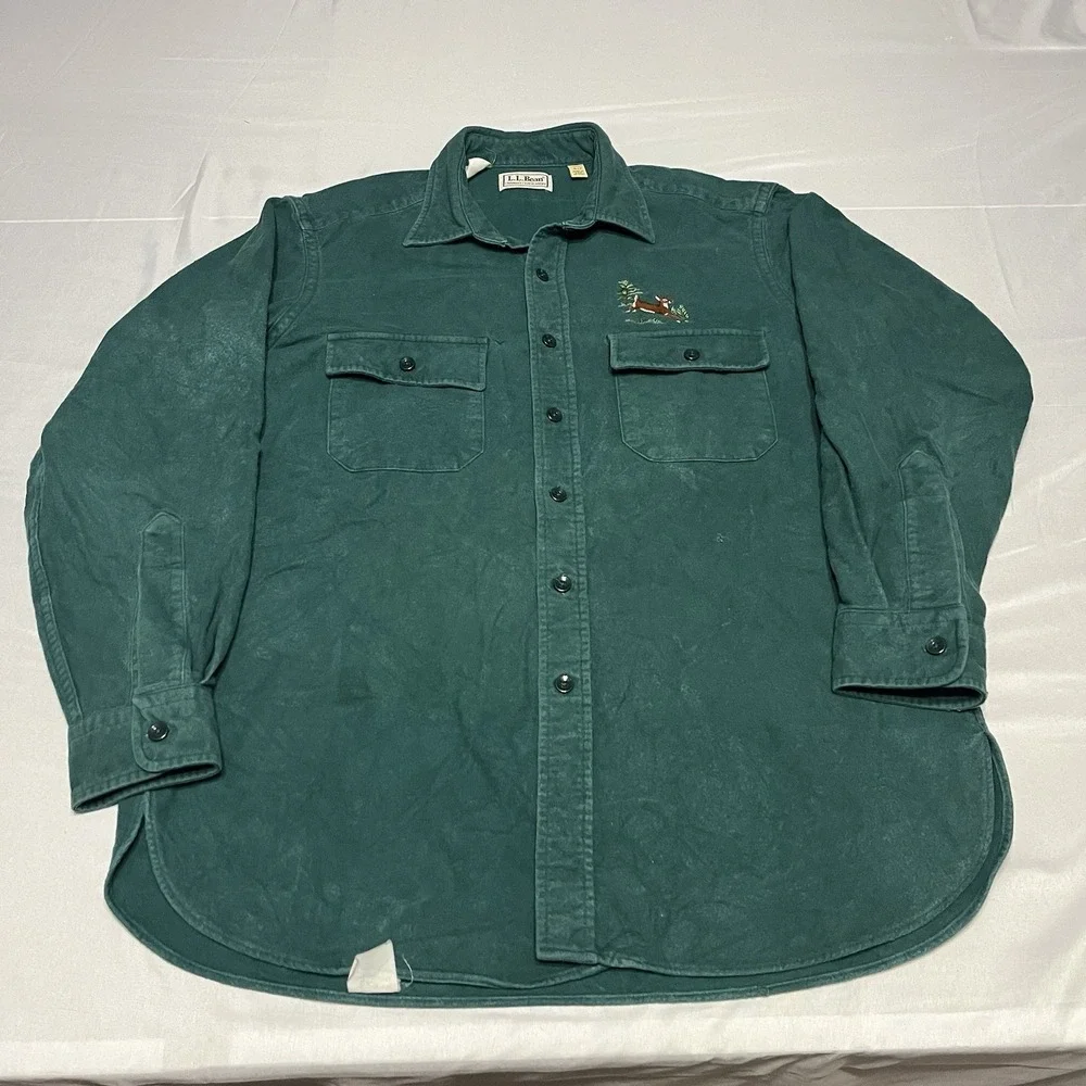 Vintage LL Bean Chamois Cloth Shirt Mens 16.5 Green Deer Cotton Made in USA